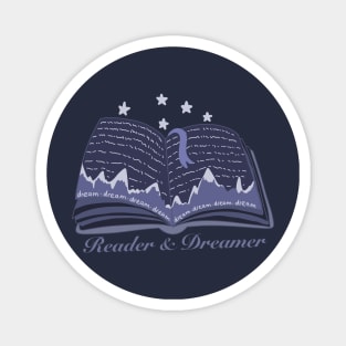 Reader and dreamer dark blue book design with mountains and night sky panorama Magnet